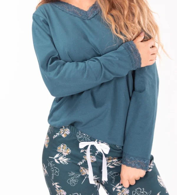 Dames Floral Jersey Pyjama lange mouw met lint en kant (Groen)