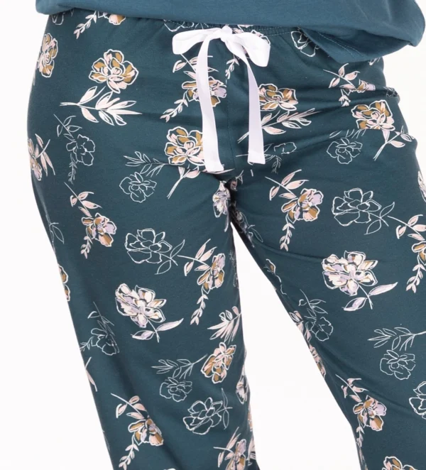 Dames Floral Jersey Pyjama lange mouw met lint en kant (Groen)