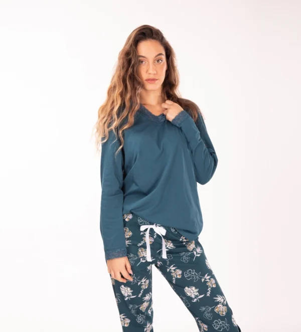Dames Floral Jersey Pyjama lange mouw met lint en kant (Groen)