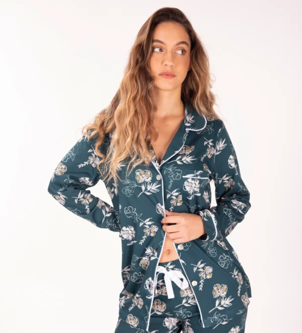 Dames Floral Jersey Set met knopen (Groen)