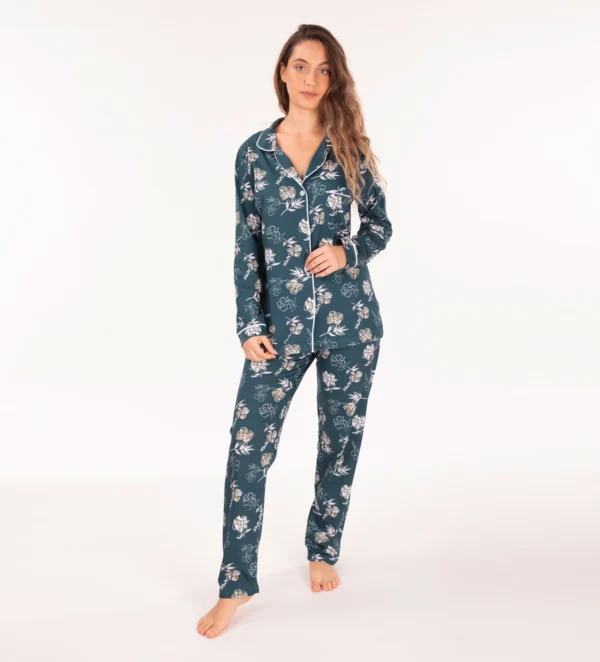 Dames Floral Jersey Set met knopen (Groen)