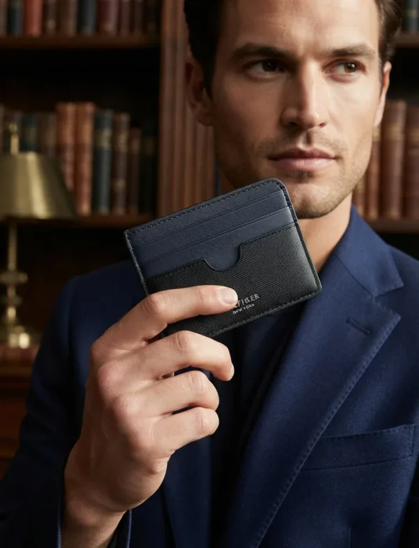 Tommy Hilfiger Saffiano Pasjeshouder - Luxe Heren Kaarthouder - Navy/Zwart - Broomium