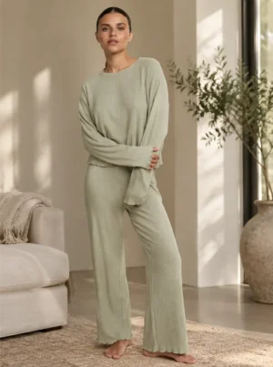Admas Comfy Dames Pyjama Rondhals Lange Mouw – Grijs/Groen