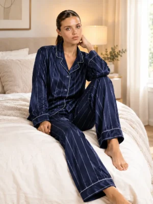 64645-0-000216-3 Admas Diplomatic Satijnen Dames Pyjama Open Lange Mouw – Donkerblauw