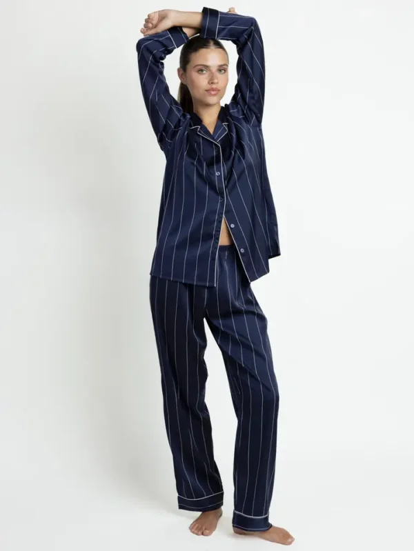 Admas Diplomatic Satijnen Dames Pyjama Open Lange Mouw – Donkerblauw