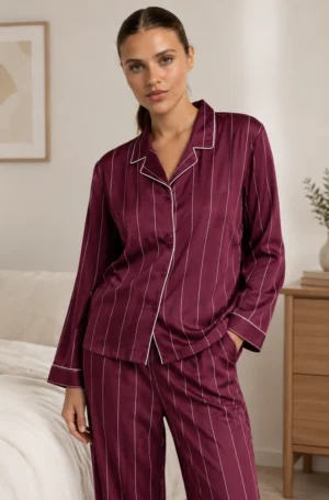 Admas Diplomatic Satijnen Dames Pyjama Open Lange Mouw – Bordeaux