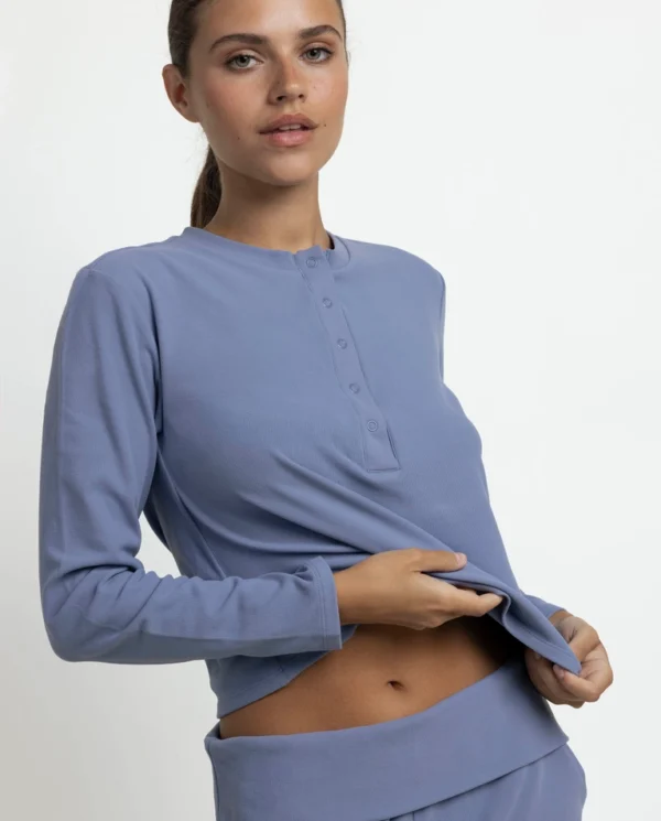 64654-0-000204-1 Admas 'Yoga Girl' Dames Pyjama Henley-hals Lange Mouw - Blauw