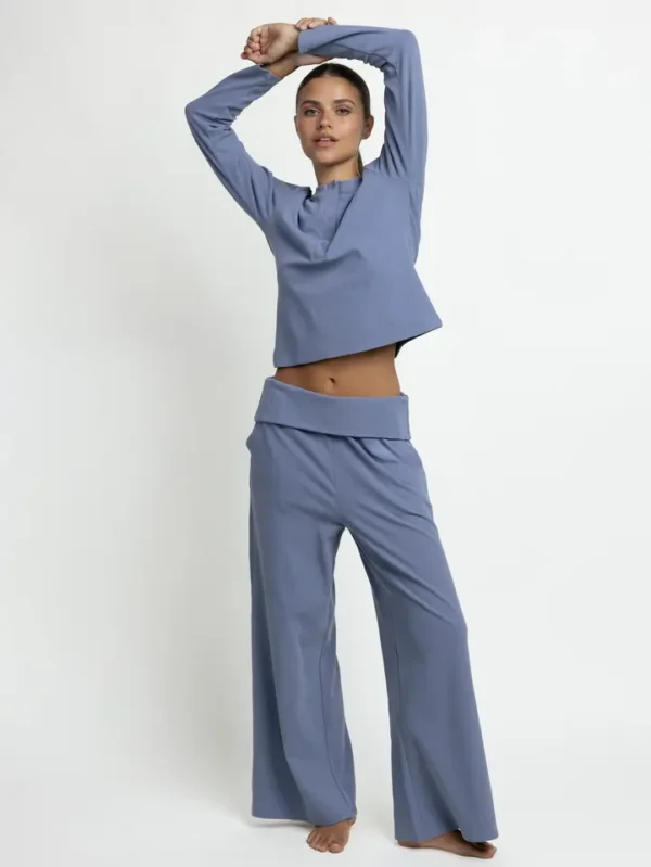 64654-0-000204 Admas 'Yoga Girl' Dames Pyjama Henley-hals Lange Mouw - Blauw